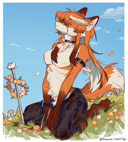 anthro bottomwear breasts clothed clothing crotch_tuft detailed_background featureless_breasts female fur hair medium_breasts one_eye_obstructed orange_body orange_fur orange_hair pants solo topless tuft noname_myeong jeanne_(noname_myeong) canid canine fox mammal absurd_res hi_res