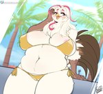 anthro areola areola_slip beak big_breasts bikini bodily_fluids breasts camel_toe clothing curvy_figure eyeshadow feathers female hair makeup narrowed_eyes open_beak open_mouth outside overweight overweight_anthro overweight_female palm_tree plant solo sweat sweatdrop swimwear tail tail_feathers thick_thighs tree two-piece_swimsuit voluptuous white_body white_feathers white_hair wide_hips vixie00 yu-ran_(berhube) avian bird chicken galliform gallus_(genus) phasianid digital_media_(artwork) hi_res