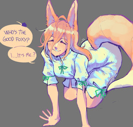 ahoge all_fours bdsm blonde_hair clothed clothed_female clothed_humanoid clothing eyes_closed female grey_background hair offscreen_character petplay roleplay romper_suit short_sleeves simple_background smile smiling_at_viewer solo speech_bubble tail text white_clothing p2eocene touhou tsukasa_kudamaki animal_humanoid canid canid_humanoid canine canine_humanoid fox_humanoid humanoid mammal mammal_humanoid 2025 absurd_res english_text hi_res