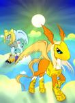 duo female male ponification sky sun takefive bandai_namco digimon hasbro my_little_pony digimon_(species) nefertimon pegasusmon crossover hi_res