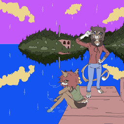 abandoned_building ambiguous_gender anthro black_clothing black_underwear bottomwear claws clothing cloud cloudy_sky denim denim_bottomwear denim_clothing detailed_background duo female forest forest_background fur glistening green_clothing green_shirt green_topwear jeans lake multicolored_body multicolored_fur nature nature_background pants paws piercing plant red_clothing red_sweater red_topwear reflection shirt sky skyscape star sweater topwear tree underwear water water_reflection deerwolfa elliot_(deerwolfa) canid canine canis deer domestic_cat felid feline felis hybrid mammal wolf 1:1 aliasing digital_media_(artwork) hi_res