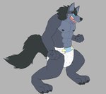 ageplay anthro black_claws black_hair black_pawpads black_tail blue_sclera claws clothed clothing diaper fur grey_background grey_body grey_fur hair infantilism male open_mouth pattern_diaper pawpads roleplay simple_background solo standing tail wearing_diaper white_diaper white_eyes blepishepi canid mammal hi_res