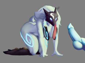 5_fingers all_fours animal_genitalia animal_penis anthro biped black_markings black_mask blue_eyes blue_markings blue_penis breasts butt canine_genitalia canine_penis disembodied_penis duo ear_markings featureless_breasts female fingers fur genitals grey_background hair hanging_breasts knot leg_markings male markings mask mask_only medium_breasts monotone_body monotone_fur monotone_genitals monotone_hair monotone_penis nude penis simple_background socks_(marking) solo_focus tail thick_thighs thigh_markings three-quarter_view white_body white_fur white_hair white_tail rokkofennec league_of_legends riot_games tencent kindred_(lol) lamb_(lol) bovid caprine mammal sheep 2023 dated shaded signature