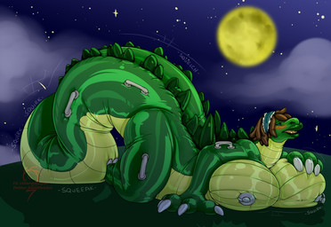 anthro big_breasts big_tail breasts brown_hair claws cloud female full_moon glistening glistening_body green_body hair handles_on_tail handles_on_thighs huge_breasts implied_transformation inflatable lips lying moon night on_front outside solo tail thick_lips thick_thighs valve_nipple kaitofletcher animate_inanimate kaiju living_inflatable 2017 digital_media_(artwork)