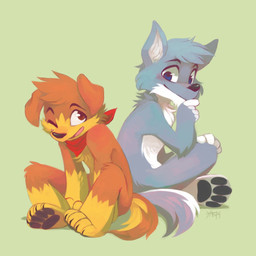 anthro back_to_back black_nose black_pawpads blue_eyes brown_body brown_eyes brown_fur duo feet floppy_ears folded_ears fur green_background grey_body grey_fur head_tuft hindpaw kerchief kerchief_only male mostly_nude neckerchief neckerchief_only neckwear nude open_mouth open_smile pawpads paws pink_tongue plantigrade pointy_ears prick_ears simple_background sitting smile snout tail tongue tuft white_body white_fur yellow_body yellow_fur darmp jd_puppy_(character) canid canine canis domestic_dog mammal 1:1 2014 digital_media_(artwork) digital_painting_(artwork) hi_res painting_(artwork) shaded