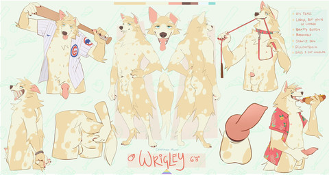 aloha_shirt animal_genitalia animal_penis anthro ball ball_in_mouth balls baseball_(ball) baseball_bat bat_(object) bound butt canine_genitalia canine_penis clothing collar erection food front_view fully_sheathed fur genitals hand_on_hip hands_behind_back hands_tied hands_tied_behind_back holding_food holding_object holding_penis hot_dog knot knotted_penis leash leash_in_mouth leashed_collar looking_at_viewer male male_anthro markings mostly_nude mostly_nude_anthro mostly_nude_male nude nude_anthro nude_male object_in_mouth open_mouth open_smile pattern_clothing pattern_shirt pattern_topwear penis penis_tip pink_penis rear_view sheath shirt smile solo spots spotted_body spotted_fur spread_butt spreading standing tail tan_body tan_fur teal_eyes teeth text tongue tongue_out topwear remulle_(artist) chicago_cubs mlb wrigley_(d0g_problems) canid canine canis domestic_dog mammal 2022 english_text hi_res model_sheet