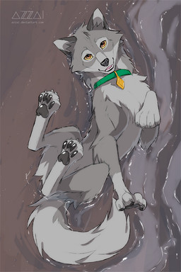 black_pawpads cheek_tuft collar collar_only collar_tag facial_tuft feral fur green_collar grey_body grey_fur head_tuft high-angle_view lying male nude on_back open_mouth orange_eyes outside partially_submerged pawpads smile smiling_at_viewer solo tail tuft yellow_sclera azzai canid canine canis hybrid mammal wolfdog 2019 colored colored_sketch digital_drawing_(artwork) digital_media_(artwork) shaded sketch
