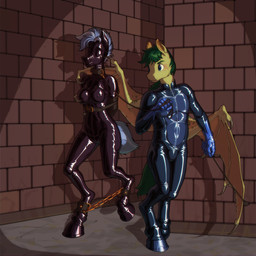 ankle_cuffs anthro bdsm black_latex blue_eyes blue_hair blue_latex blue_tail bondage bound chain clothing collar cuff_(restraint) duo female gag green_hair green_tail hair hooves latex latex_clothing latex_mask latex_skinsuit leash male male/female mask membrane_(anatomy) membranous_wings nipple_outline restraints riding_crop sensory_deprivation shackles skinsuit tail tight_clothing whip wings yellow_body gor1ck hasbro my_little_pony dark_straw fan_character bat_pony equid equine mammal 1:1 absurd_res hi_res