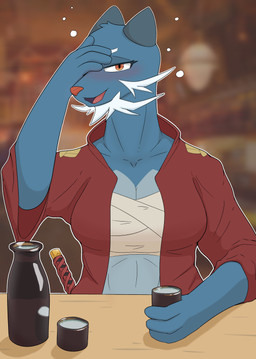 abs alcohol anthro asian_clothing athletic bar beverage blue_body blue_fur blush bottomwear chest_wraps clothed clothing detailed_background drunk east_asian_clothing facial_hair female fur hair hakama hand_on_head holding_beverage holding_object inside japanese_clothing looking_at_viewer melee_weapon midriff multicolored_body pokemorph red_clothing red_eyes red_nose sake samurai solo substance_intoxication sword two_tone_body warrior weapon white_hair wraps conditional_dnp whitev nintendo pokemon generation_5_pokemon pokemon_(species) samurott 2022 absurd_res digital_drawing_(artwork) digital_media_(artwork) half-length_portrait hi_res portrait