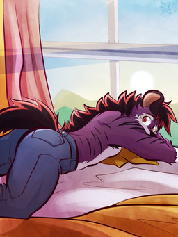 anthro arm_tuft armpit_tuft athletic athletic_male bed bed_sheet bedding black_body black_fur black_mane black_nose black_stripes blue_bottomwear blue_clothing blue_jeans blue_pants bottomwear clothing countershading curtains denim denim_bottomwear denim_clothing elbow_tuft fluffy fluffy_tail fur furgonomics furniture hair heterochromia highlights_(coloring) hug hugging_object hugging_pillow jeans jeans_only light looking_at_viewer looking_back looking_back_at_viewer lying male male_anthro mane mane_hair on_bed on_front pants partially_clothed_male pillow pockets purple_body purple_fur red_eyes red_highlights shirtless_male solo stripes sun sunlight sunrise tail text topwear tuft white_body white_fur yellow_eyes ventkazemaru fiat_lux hyena mammal 2024 artist_name dated hi_res signature