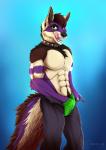 anthro bottomwear clothing collar denim denim_bottomwear denim_clothing grin jeans looking_at_viewer male pants piercing pose smile solo spiked_collar spikes tongue underwear nanukkluik canid canine canis mammal wolf 2019 digital_media_(artwork) pinup