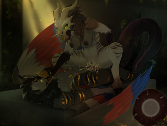 anthro anthro_on_anthro anthro_penetrated anthro_penetrating anthro_penetrating_anthro areola beak biped bodily_fluids breasts claws cum cum_in_vagina cum_inside dominant dominant_female duo feet female female_penetrated fingers fur genital_fluids genitals hair horn lying male male/female male_penetrating male_penetrating_female nipples on_back penetration penile penile_penetration penis penis_in_vagina sex tail toes tongue vaginal vaginal_penetration vulva sepiaflux mythology avian bird demon gryphon mythological_avian mythological_creature 2025 digital_drawing_(artwork) digital_media_(artwork) hi_res