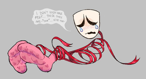 bodily_fluids clothing dialogue feet female foot_focus footwear humanoid_feet lying mask on_back onomatopoeia pink_clothing pink_footwear pink_socks plantigrade simple_background sock_fetish socks solo sound_effects speech_bubble tears text twistedfurby glitch_productions the_amazing_digital_circus gangle_(tadc) animate_inanimate fabric_creature humanoid living_mask
