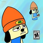 1:1 absurd_res album_cover anthro beanie black_nose canid canine canis clothing cover domestic_dog esrb_rating eyelids floppy_ears frown fur half_dime hat headgear headwear hi_res humor inhaler male mammal parappa parappa_the_rapper parody smile solo sony_corporation sony_interactive_entertainment tyler_the_creator yellow_body yellow_fur