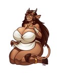 anthro big_breasts black_horn breasts brown_body brown_ears brown_fur brown_hair cleavage clothed clothing collar curvy_figure dress ear_piercing ear_ring ears_down female fur glistening glistening_body hair half-closed_eyes hooves horn huge_breasts kneeling long_hair looking_at_viewer narrowed_eyes orange_eyes piercing pivoted_ears ring_piercing simple_background skindentation smile solo tail tail_tuft thick_thighs tuft voluptuous white_background white_clothing white_dress wide_hips blazbaros dungeons_and_dragons hasbro wizards_of_the_coast bovid bovine cattle holstaurus mammal 2022 3:4 hi_res