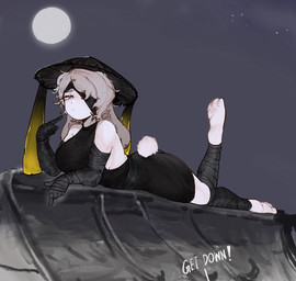 anthro anthrofied asian_conical_hat bandage_over_eye black_clothing black_dress blue_eyes breasts clothing dress female fur hand_wraps hat headgear headwear leg_wrap lying moon night on_front pawpads paws raised_leg rooftop scut_tail short_tail solo tail text white_body white_fur wraps breadiwe limbus_company project_moon faust_(limbus_company) heishou_pack-mao_branch_(project_moon) lagomorph leporid mammal rabbit english_text hi_res