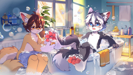 anthro bath bathing bathroom black_body black_fur blue_eyes blush brown_hair claws detailed_background duo feet finger_claws foot_focus fur hair hindpaw inside kemono male nude orange_eyes pawpads paws pink_blush pink_pawpads short_hair tail tan_body tan_fur toe_claws towel water white_body white_claws white_fur white_hair aqianr canid canine mammal 16:9 4k absurd_res hi_res widescreen