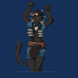 anthro armor bandolier belt big_breasts black_body black_fur blonde_hair bomb bottomwear breasts clothing cosplay dancing explosives eyes_closed female fur grenade hair happy hat headgear headwear jacket pants simple_background solo tail topwear transparent_background unconvincing_armor weapon chazcatrix caramelldansen team_fortress_2 valve valve_corporation demoman_(team_fortress_2) domestic_cat felid feline felis mammal 1:1 2012 alpha_channel meme