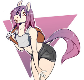 5_fingers ambiguous_gender anthro backpack biped bottomwear clothing crop_top eyebrows fingerless_(marking) fingers fur hair long_hair long_tail looking_at_viewer open_mouth open_smile pink_eyes pose purple_hair purple_tail shirt shorts simple_background smile solo tail tan_body tan_ears tan_fur topwear white_background zeekzag equid equine horse mammal digital_media_(artwork) hi_res portrait three-quarter_portrait