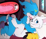 blue_body blush bodily_fluids cum cum_in_pussy cum_inside female fur genital_fluids internal internal_vaginal male male/female white_body white_fur meraence bandai_namco digimon digimon_(species) gatomon veemon hi_res