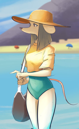 anthro bag beach biped blurred_background carrying_bag clothed clothed_anthro clothed_female clothing container eyebrows female female_anthro fingers fully_clothed fully_clothed_anthro fully_clothed_female fur hair hat headgear headwear holding_bag holding_container holding_object mouth_closed one-piece_swimsuit outside red_eyes sand seaside shadow shirt shoulder_bag snout solo sun_hat swimsuit_under_clothing swimwear tail tapering_snout thin_tail topwear water white_body white_fur ethan8bit esther_(ethan8bit) mammal mouse murid murine rodent absurd_res hi_res portrait three-quarter_portrait