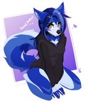 5_fingers anthro black_nose blue_body blue_fur blue_hair breasts clothed clothing collar female female_anthro fingers fur hair looking_at_viewer solo yellow_eyes wolflady alpha_the_wolf canid canine canis mammal wolf 2023 digital_media_(artwork)