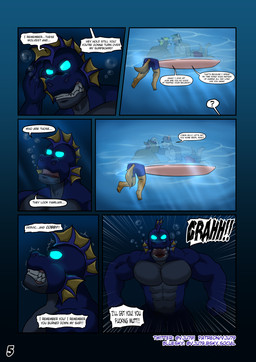 abs angry anthro biceps black_hair blonde_hair blue_body blue_bottomwear blue_clothing blue_glow blue_shorts bottomwear brown_body bubble clenched_teeth clothing dialogue ear_fins ear_frill fin frill_(anatomy) glowing glowing_eyes grey_body group hair hand_on_head hat head_crest head_fin head_frill headgear headwear looking_from_below male muscular page_number paranoid partially_submerged pecs profanity red_bottomwear red_clothing red_shorts shorts six_frame_image smile speech_bubble surfboard swimming_trunks swimwear tail teeth text underwater visor_cap water vju79 mythology cobby_(vju79) gervic_(vju79) gharn_(vju79) guss_(vju79) roj_(vju79) aquatic aquatic_dragon canid canine canis dragon mammal mythological_creature mythological_scalie scalie wolf comic english_text hi_res multiple_scenes url