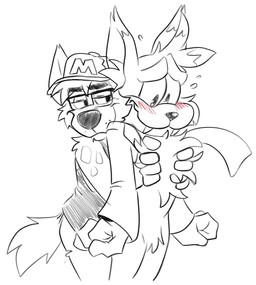 blush bodily_fluids clothing eyewear fangs fluffy fluffy_chest glasses groping_chest hat headgear headwear male necktie sweat teeth zurdomon bubsy_(series) bubsy_4d bubsy_bobcat mokka_(mokkabron) bobcat felid feline hyena lynx mammal