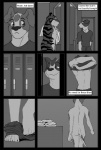 anthro biped butt close-up clothing duo floppy_ears fur locker locker_room male muscular nude rear_view smile solo standing tail text undressing walking dbruin canid canine canis domestic_dog felid mammal pantherine tiger comic english_text greyscale monochrome