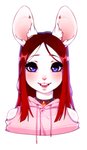 ambiguous_gender anthro bare_shoulders blue_eyes blush clothing collar ear_piercing fur furgonomics hair happy hoodie long_hair looking_at_viewer open_mouth piercing red_hair simple_background smile solo topwear white_background white_body white_fur frenky_hw huggles lagomorph leporid mammal rabbit 2018 digital_media_(artwork) hi_res