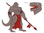 4:3 clothed clothing crocodilian daikuhiroshiama english_text male melee_weapon muscular muscular_male polearm rak_wraithraiser reptile scalie solo spear text topless tower_of_god weapon wraithraiser