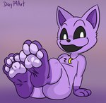 4_toes ambiguous_gender anthro collar feet foot_focus purple_body smile solo toes white_eyes day74art mob_entertainment poppy_playtime smiling_critters catnap_(poppy_playtime) critters_(poppy_playtime) domestic_cat felid feline felis mammal hi_res