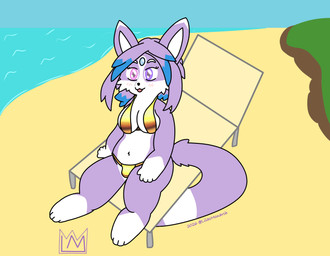 anthro beach beach_chair bikini blep blush bulge clothing forehead_gem gem gold_bikini grass gynomorph heterochromia highlights_(coloring) intersex leg_markings markings plant sea semi-anthro socks_(marking) solo swimwear tongue tongue_out two-piece_swimsuit water lilacmonarch golden_week lilac_solana_(lilacmonarch) canid canine clairuppeli fox mammal absurd_res hi_res bigender_(lore) herm_(lore) nonbinary_(lore) trans_(lore)