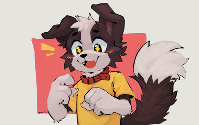 anthro black_body black_fur brown_eyes clothing collar fangs fur hair male multicolored_body multicolored_fur shirt smile solo sparkles sparkling_eyes standing teeth topwear two_tone_body two_tone_fur white_body white_fur young co2killsu canid canine canis domestic_dog mammal absurd_res hi_res