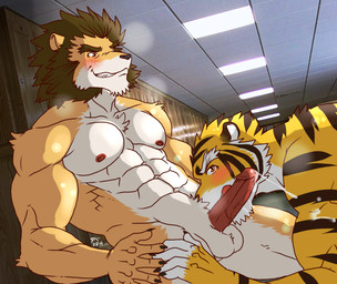5_fingers abs animal_genitalia anthro athletic balls bent_over biceps big_muscles black_nose blush bodily_fluids brown_body brown_eyes brown_fur chest_tuft claws cum cum_on_arm cum_string dripping duo erection fangs fellatio fingers fur genital_fluids genitals grin hair humanoid_genitalia humanoid_penis inside leaking locker locker_room looking_at_viewer male male/male male_penetrated male_penetrating male_penetrating_male markings muscular muscular_male nipples nude oral orange_body orange_fur pecs penetration penile penis pink_nose pose precum sex sheath side_view sitting smile striped_body striped_fur stripes tan_body tan_fur teeth tuft vein white_body white_fur hentist shishimaru_genjurou toragami_gaou canid canine felid lion mammal pantherine tiger 2014