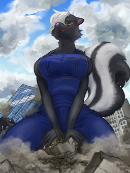 anthro biped black_body black_fur blush breasts city clothing destruction female female_anthro fluffy fur green_eyes hair licking licking_lips licking_own_lips long_hair looking_at_viewer macro macro_anthro macro_female outside overalls self_lick side_boob sitting smile solo straddling tongue tongue_out white_body white_fur white_hair kadomarco lily_vommet mammal mephitid skunk striped_skunk 3:4 colored digital_media_(artwork)