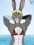 abs beach biceps bikini blonde_hair clothing female hair hands_behind_head muscular muscular_female sea solo swimwear two-piece_swimsuit water kcvulpinestudios becky_sinise lagomorph leporid mammal rabbit 3:4 hi_res