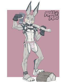 4_toes 5_fingers abs ankle_band anthro arm_tuft athletic athletic_anthro athletic_male axe axe_over_shoulder barefoot biceps biped border buckteeth bulge cheek_tuft chest_harness claws clothing collar countershade_feet countershade_torso countershading dipstick_ears ear_markings elbow_tuft facial_tuft feet finger_claws fingerless_gloves fingers fist flexing flexing_bicep forearm_muscles fur fur_markings gloves handwear harness head_tuft holding_axe holding_object inner_ear_fluff jockstrap log logo looking_at_viewer male markings multicolored_ears navel partial_color pawpads paws pink_background plantigrade pose presenting simple_background smile solo standing step_pose teeth text toe_claws toes tuft underwear white_border wood muttmilo hybrid lagomorph leporid mammal rabbit rodent artist_logo artist_name hi_res shaded