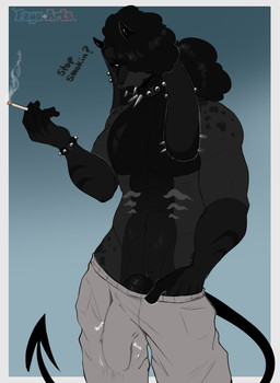 anthro bare_chest bottomwear bulge cigarette cigarette_smoke clothed clothing collar dialogue ear_piercing facial_piercing flashing genitals head_tilt holding_cigarette holding_object lip_piercing long_ears looking_at_viewer male muscular narrowed_eyes no_underwear pants penis piercing pulling_down_pants simple_background smoke smoking solo spade_tail spiked_collar spikes tail talking_to_viewer text throbbing throbbing_penis void_arts canid canine canis domestic_dog mammal poodle absurd_res hi_res