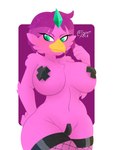anthro breasts clothed clothing feathers female fur genitals green_eyes hair nude pink_body pink_fur simple_background smile solo irgramfox avian bird absurd_res hi_res
