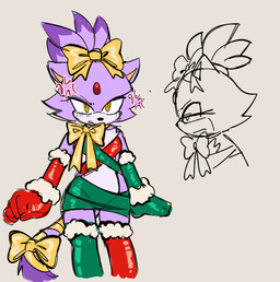 angry anthro blush blush_lines christmas_clothing christmas_gloves christmas_handwear christmas_stocking clothing female fur gloves handwear holidays jewelry legwear looking_at_viewer present_wrap purple_body purple_fur ribbons stockings kore_eon christmas sega sonic_the_hedgehog_(series) blaze_the_cat domestic_cat felid feline felis mammal