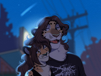 anthro anthro_on_anthro black_nose black_spots breasts brown_hair brown_nose clothed clothed_anthro clothed_female clothed_male clothing duo fangs female fur hair interspecies interspecies_romance male male/female markings night one_eye_closed romantic romantic_ambiance romantic_couple romantic_night shirt smile spots spotted_body spotted_fur t-shirt teeth tongue topwear yellow_body yellow_fur lustrum cheetah felid feline leopard mammal pantherine