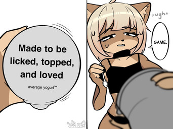 annoyed anthro clothing collar cutlery female flat_chested food holding_food holding_object kitchen_utensils midriff panties shirt simple_background solo spoon tank_top text tools topwear underwear white_background dogfailureowo hana_(dogfailureowo) canid canine canis domestic_dog mammal english_text hi_res