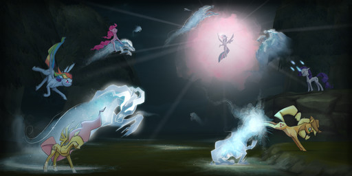 accessory attack aura battle blonde_hair blue_body blue_eyes blue_feathers blue_fur cutie_mark dark detailed_background eyes_closed feathered_wings feathers female feral fight forest fur glowing glowing_eyes grass green_eyes group hair hair_accessory hairband horn ice magic multicolored_hair orange_body orange_fur outside pink_body pink_fur pink_hair plant purple_body purple_eyes purple_feathers purple_fur purple_hair rainbow_hair riding straddling tree two_tone_hair white_body white_fur wings yellow_body yellow_feathers yellow_fur i-am-knot friendship_is_magic hasbro my_little_pony mythology applejack_(mlp) fluttershy_(mlp) pinkie_pie_(mlp) rainbow_dash_(mlp) rarity_(mlp) twilight_sparkle_(mlp) earth_pony equid equine ghost horse mammal mythological_creature mythological_equine pegasus pony spirit unicorn windigo_(mlp) winged_unicorn 2:1 hi_res