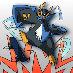 ambiguous_gender anthro biped black_body black_fur blue_body blue_eyes claws fur markings skateboard skateboard_trick solo text vehicle white_body yellow_body yellow_claws motherlatias nintendo pokemon empoleon generation_4_pokemon pokemon_(species) 1:1 2018 english_text