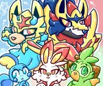 ambiguous_gender anthro blue_body blue_eyes green_body green_eyes group melee_weapon red_eyes sword sword_in_mouth weapon white_body lewdchuu_(artist) nintendo pokemon crowned_shield_zamazenta crowned_sword_zacian generation_8_pokemon grookey legendary_pokemon pokemon_(species) scorbunny sobble zacian zamazenta hi_res