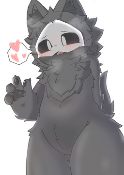 4_fingers belly black_body black_fur black_sclera blush blush_lines embarrassed fingers fur gesture hair looking_at_viewer low-angle_view male navel pawpads paws raised_tail solo standing tail tongue white_eyes papyruscafe changed_(video_game) puro_(changed) animal_humanoid canid canid_humanoid canine canine_humanoid humanoid mammal mammal_humanoid wolf_humanoid absurd_res hi_res