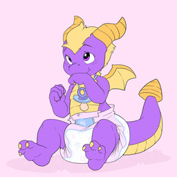 ambiguous_gender anthro biped claws clean_diaper clothed clothing daww diaper feet horn neonate pacifier pacifier_necklace sitting solo sucking tail thumb_suck wearing_diaper wings young young_anthro bubblepuppers activision european_mythology mythology spyro_the_dragon spyro dragon mythological_creature mythological_scalie scalie western_dragon 1:1 hi_res unavailable_at_source