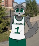 anthro basketball_shorts basketball_uniform bottomwear clothed clothing college fully_clothed green_bottomwear green_clothing green_shorts jersey male mascot school shirt shorts solo sportswear standing tank_top topwear uniform white_clothing white_shirt white_topwear anonymous_artist binghamton_university baxter_bearcat binturong mammal viverrid hi_res