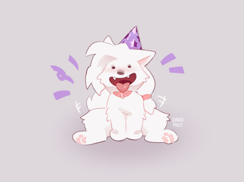ambiguous_gender clothing feet feral fur hair hat headgear headwear pawpads paws simple_background smile solo tail teeth toes tongue danomil vilka canid canine canis domestic_dog mammal nordic_sled_dog samoyed spitz 2026 digital_drawing_(artwork) digital_media_(artwork) female_(lore)